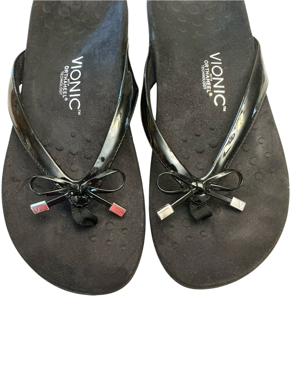 Vionic  Bella II Black Patent Bow Toe-Post Thong Slip on Ortho Sandal Sz-10 Wide - Picture 6 of 15